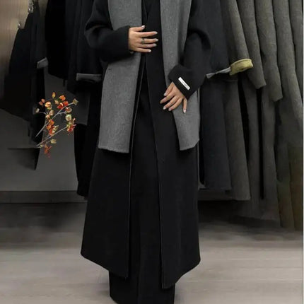 DFDG Woman's Cowl-neck Pure Color Versatile Patchwork Two-color Design 2025 Spring New Style Loose High-quality Long Coat