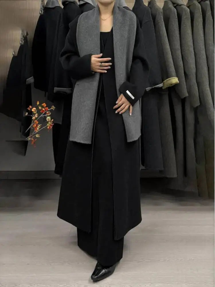 DFDG Woman's Cowl-neck Pure Color Versatile Patchwork Two-color Design 2025 Spring New Style Loose High-quality Long Coat