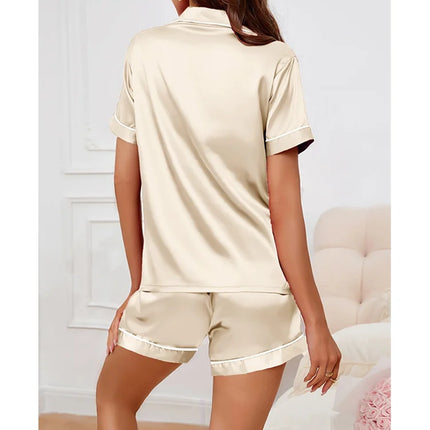 Pigiama da donna in raso di seta estivo Set Top e pantaloncini abbottonati 2 pezzi indumenti da notte colletto dentellato indumenti da notte Loungewear per le donne