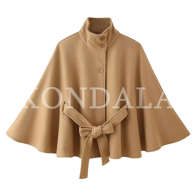 KONDALA Women Fall Casual Elegant Cloak Jacket Stand-Collar Soft Tweed Belt Jacket New 2026 Autumn Winter Trendy Cape Style Coat