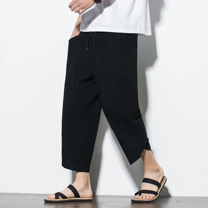 Pantaloni Estivi da Uomo 2026 Stile Cinese in Cotone e Lino, Pantaloni Harem Traspiranti da Spiaggia, Pantaloni Casual a Tre Quarti, Streetwear