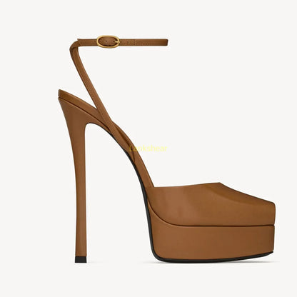 Platform Peep Toe Satin Slingback Pumps Sexy Square Toe Thin Heel Ankle Strap New Arrivals Fashion Women Modern Shoes