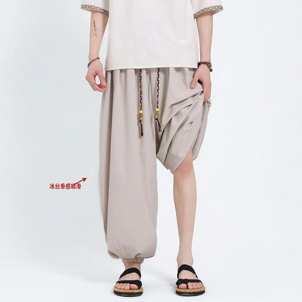 Pantaloni Estivi da Uomo Stile Cinese in Seta Ghiaccio con Motivo Drago Ukiyo-e, Comodi e Trendy, Pantaloni Casual Oversize da Uomo