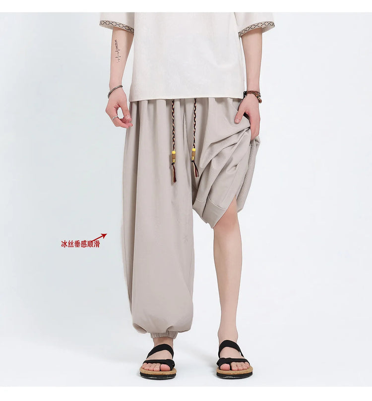 Pantaloni Estivi da Uomo Stile Cinese in Seta Ghiaccio con Motivo Drago Ukiyo-e, Comodi e Trendy, Pantaloni Casual Oversize da Uomo