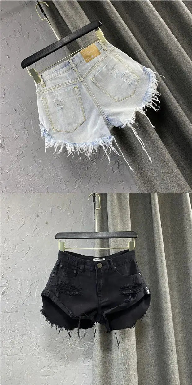 Shorts in denim da donna a vita alta, strappati, con orlo grezzo e sfilacciato, casual, hot pants - platinumshop