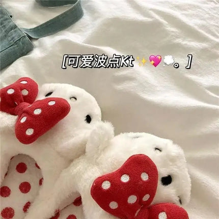 Hello Kitty Women Cute Cartoon Cat Plush Slippe Polka Dot Bow Fluffy Closed Back House Shoes Winter Warm Non Slip Soft Cozy