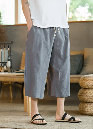 Pantaloni di lino da uomo in stile cinese Pantaloni a gamba larga da uomo con cavallo basso Pantaloni da uomo HipHop Pantaloni al polpaccio Pantaloni da pista Streetwear