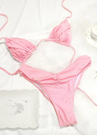 Set Bikini Sexy con Pieghe, Micro Bikini Tinta Unita, Costume da Bagno Femminile a Triangolo, Abbigliamento da Spiaggia platinumshop