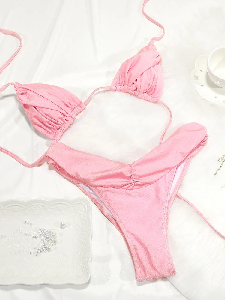 Set Bikini Sexy con Pieghe, Micro Bikini Tinta Unita, Costume da Bagno Femminile a Triangolo, Abbigliamento da Spiaggia platinumshop