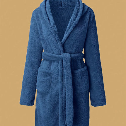 1 pezzo di vestaglia da donna con cappuccio in tinta unita con cintura, pigiama in pile accogliente e caldo per la casa in autunno e inverno.