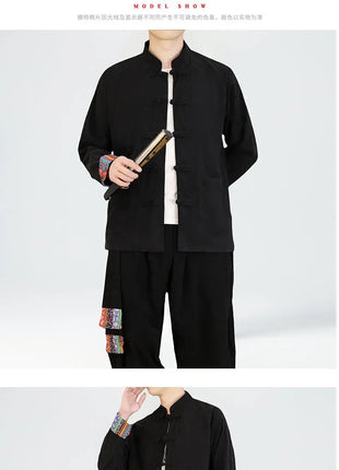 2026 Uomini di Stile Cinese Retro Tang Vestito Da Uomo di Velluto A Coste Patchwork Set Stampato Int