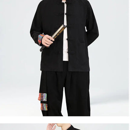 2026 Uomini di Stile Cinese Retro Tang Vestito Da Uomo di Velluto A Coste Patchwork Set Stampato Intrattenimento Musiche E Canzoni Mens Vintage Stampa Set Maschile Casual Kung Fu Vestito
