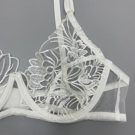 Floral Embroidery Erotic Lingerie Woman Sexy Underwear Brief Set with Garters Transparent Underwire Erotic Brief Sets Intimate