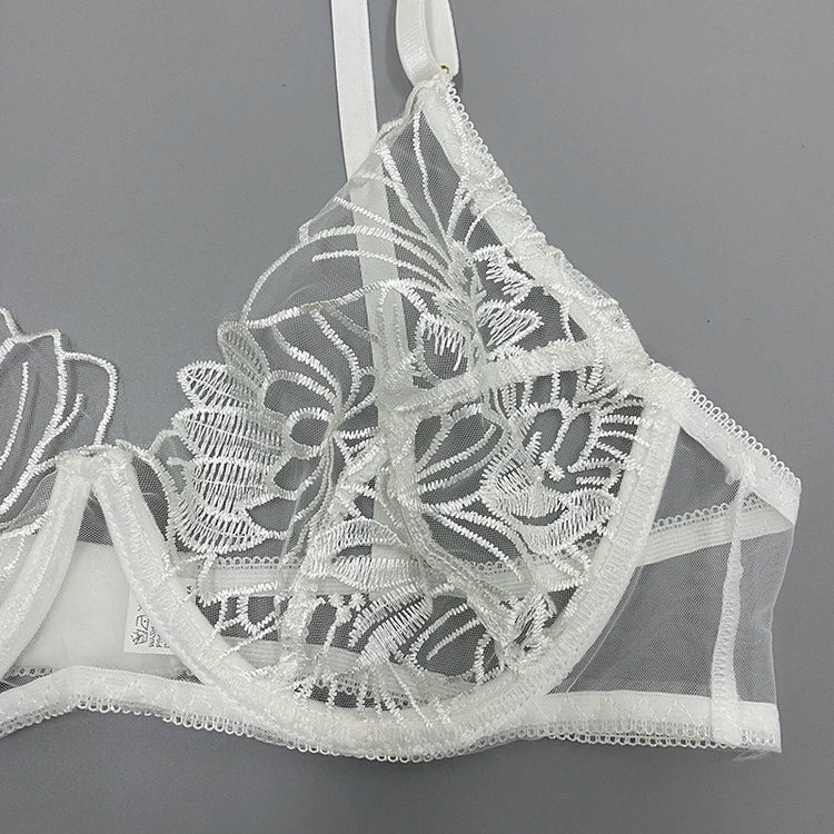 Floral Embroidery Erotic Lingerie Woman Sexy Underwear Brief Set with Garters Transparent Underwire Erotic Brief Sets Intimate