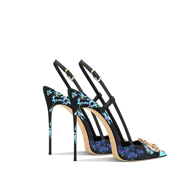 Elegant Black Stiletto Heels with Floral Motifs and Pointed Toe for Women, New Autumn 2026 Design