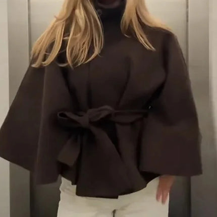 Women Batwing Sleeve Woolen Belted Eclipse Jacket Solid Stand Collar Single Breasted Lace Up Coat Fall Winter Chic Outerwear