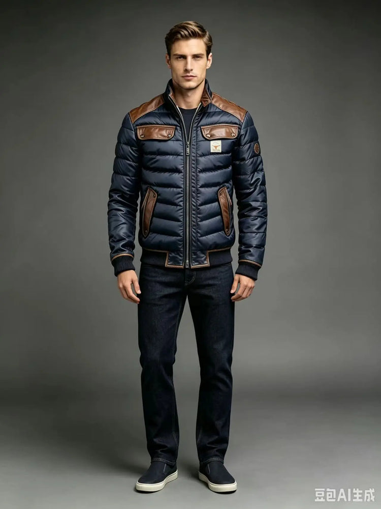 Men Winter Quilted Bomber Jacket Faux Leather Spliced Stand Collar Windproof Warm Coat Male Vintage Cowboy Badge Casual Outerwea