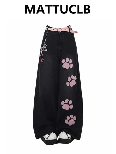 Women's Summer Korean Fashion Baggy Jeans Grunge Japanese Low Waist Y2K Wide Leg Denim Pants 2000s Aesthetic Cute Core Harajuku
