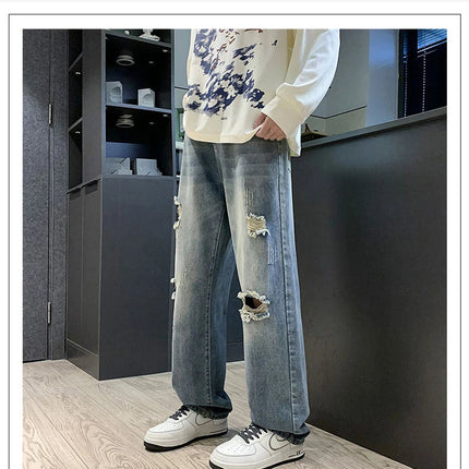 New vintage casual loose fit men's jeans with high street style straight leg denim pants for teenagers, torn knees and damaged PlatiNum