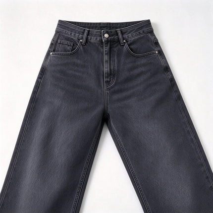 Women’s high-waisted, wide-leg jeans in smoky grey with a uniform wash; elegant, minimalist, relaxed-fit wide-leg denim, suitable for casual office wear and everyday outings FX-1338-5