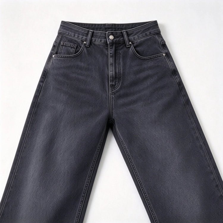 Women’s high-waisted, wide-leg jeans in smoky grey with a uniform wash; elegant, minimalist, relaxed-fit wide-leg denim, suitable for casual office wear and everyday outings FX-1338-5