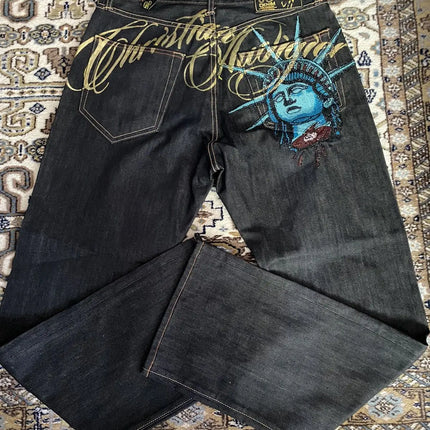 Jeans Strappati Stile Retrò Americano Y2k per Donne, Pantaloni in Denim con Due Aperture, Casual Goth Streetwear a Gamba Larga e Vita Alta