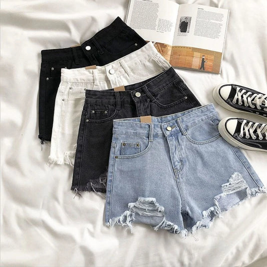 A-line Denim Hot Pants Women High Waist Solid Summer Wide Leg Short Jeans Female Street Outfit Clothes Casual Basic Pant