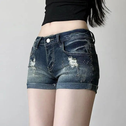 American Vintage Short Jeans Low Waist Denim Distressed Bodycon Y2K Women Casual Streetwear Kawaii Retro Button Summer Patchwork PlatiNum