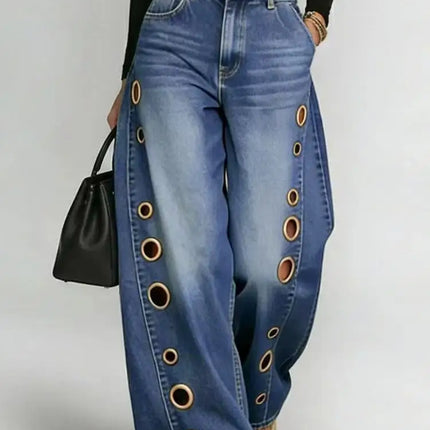 Jeans da Donna a Gamba Larga, Vita Media, con Dettagli Traforati, Effetto Vintage, Stile High Street, Eleganti, da Lavoro, Casual, Pantaloni Dritti