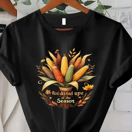 Comoda maglietta da donna con stampa "T-shirt con bouquet di mais del raccolto autunnale - Stile festivo della stagione autunnale"