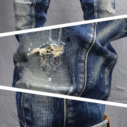 Street Designer Fashion Men Jeans Retro Blue Stretch Slim Fit Spliced Ripped Jeans Men Y2K Painted Vintage Denim Pants Hombre PlatiNum