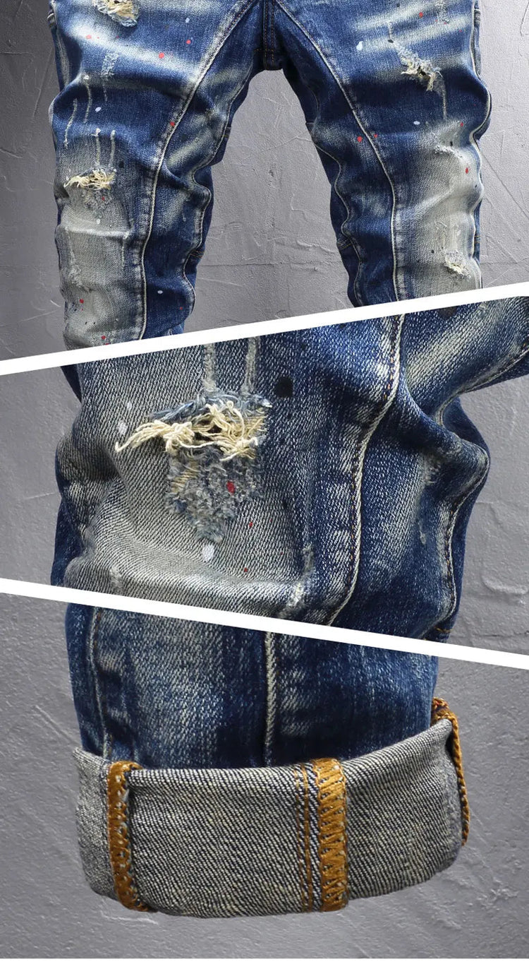 Street Designer Fashion Men Jeans Retro Blue Stretch Slim Fit Spliced Ripped Jeans Men Y2K Painted Vintage Denim Pants Hombre PlatiNum