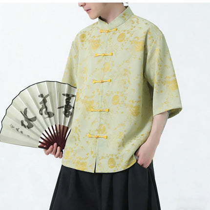 Camicie Estive da Uomo in Stile Cinese Tradizionale, Camicia Casual Kung Fu Tai Chi, Camicia di Lusso Jacquard Traspirante a Maniche Corte