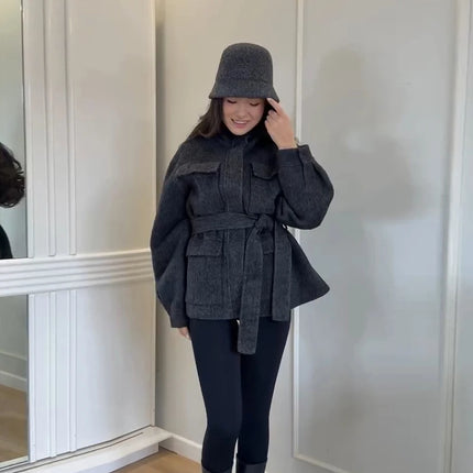 Casual Solid Woolen Loose Coats Women Belt Stand Collar Full Sleeve Zippers Lace Up Coat Female 2026 Autumn Lady Outwears