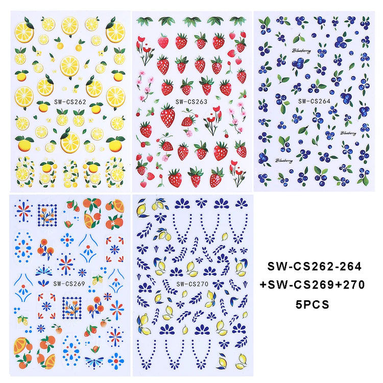 3/5pcs 3D Blue Fruit Bohemian Nail Sticker Cartoon Lemon Orange French Floral Petals Lines Leaves DIY Summer Manicure Decoration