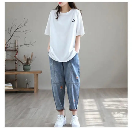 Jeans Strappati a Nove Punti da Donna, Nuovi Pantaloni Harem Casual Sottili con Vita Elastica, Lunghi alla Caviglia, in Denim, per l'Estate 2026