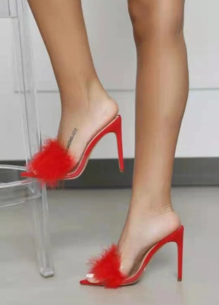 Comemore Woman Feather High Heels Fur Slippers Sandals Women Peep Toe Lady Pointed Pumps Sexy Slides White Pink Black 42 43 PlatiNum