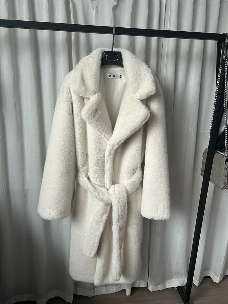 ZADORIN 110cm Long Lapel Belted Brown Faux Fur Coat Woman Elegant Mink Fur Faux Coat Fluffy Fur Jackets for Woman Winter Clothes