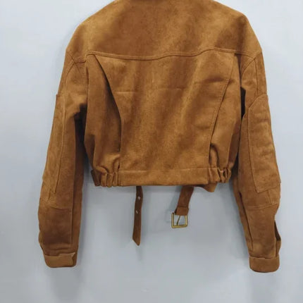 Brown Suede Leather Short Coats Women Solid Stand Collar Zipper Waist Belted Cropped Jackets 2026 Lady Autumn Y2k Casual Outwear