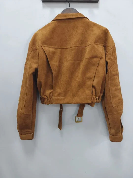 Brown Suede Leather Short Coats Women Solid Stand Collar Zipper Waist Belted Cropped Jackets 2026 Lady Autumn Y2k Casual Outwear