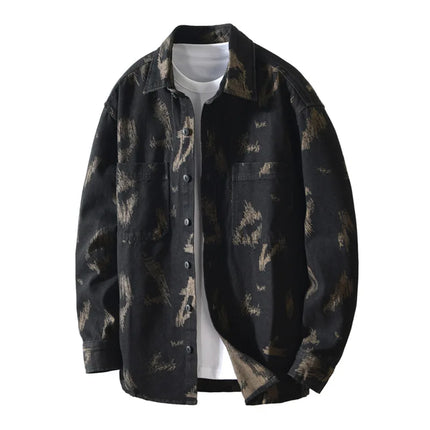T795 Men's Long Sleeve Denim Casual Shirt for Autumn Winter Fashion Loose Relaxed Fit Vintage Flower Print Denim Jackets Male