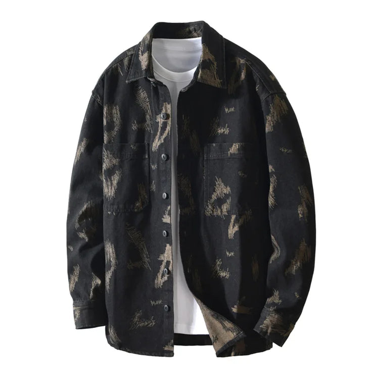 T795 Men's Long Sleeve Denim Casual Shirt for Autumn Winter Fashion Loose Relaxed Fit Vintage Flower Print Denim Jackets Male