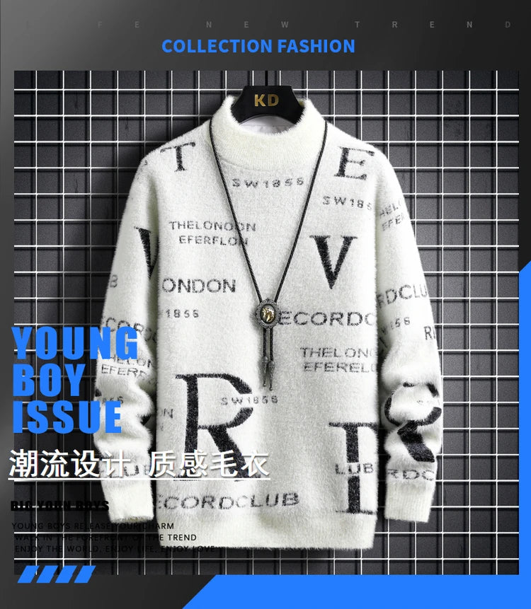 New Men's Blue Pullover Sweater American Classic Men's Black Sweater Color Blocked Warm Top Fashionable Men's Clothing 2025 New