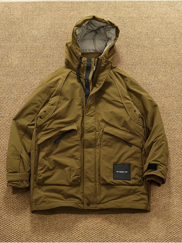 Piumino cargo imbottito in piuma d'anatra di media lunghezza retrò americano nuovo inverno con cappuccio Trench oversize spesso alla moda da uomo