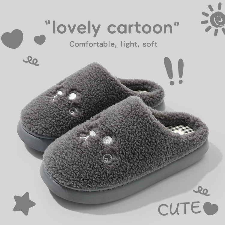 Cute Cat Winter Warm Slippers Women Men Fluffy Plush Home Shoes Red Bowknot Plaid Lining Indoor Bedroom Cotton Slides Mules New