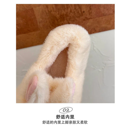 New Cute 3D Rabbit Furry Slippers Women Winter Warm Plush Closed Back House Shoes Non Slip Bunny Indoor Flip Flops Home Slipper