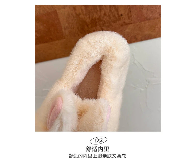 New Cute 3D Rabbit Furry Slippers Women Winter Warm Plush Closed Back House Shoes Non Slip Bunny Indoor Flip Flops Home Slipper