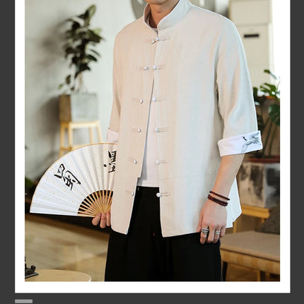 Nuovo gru ricamo top abbigliamento tradizionale cinese per uomo camicie vintage in lino a mezza manica colletto Madarin solido Hanfu Kungfu