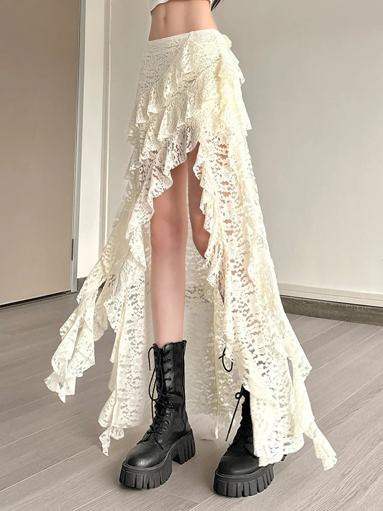 Nibber Nappe Gonne da donna Orlo irregolare Increspature multistrato Patchwork di pizzo Dolce tendenza estiva Pantaloni skinny versatili quotidiani