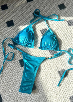 Micro Bikini Rosa Lucido da Donna, Sexy con Perle in PU, Push-Up, Perizoma, Costume da Bagno Estivo, con Lacci, per Vacanze PlatiNum